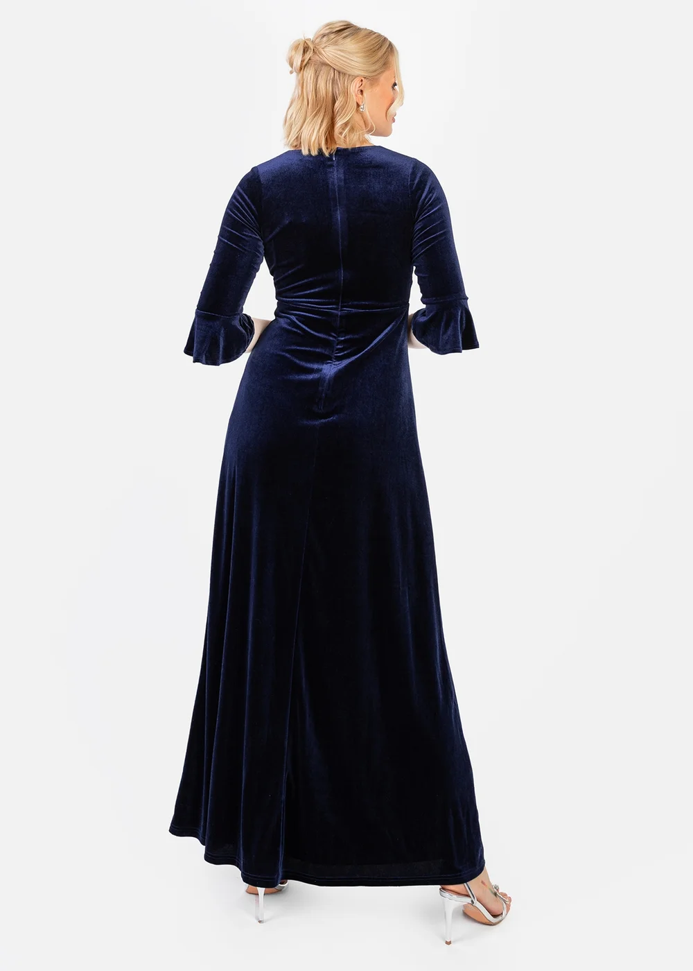 Maya Deluxe Navy V Neck 3/4 Flute Sleeve Velvet Maxi Dress - 28 Image 2