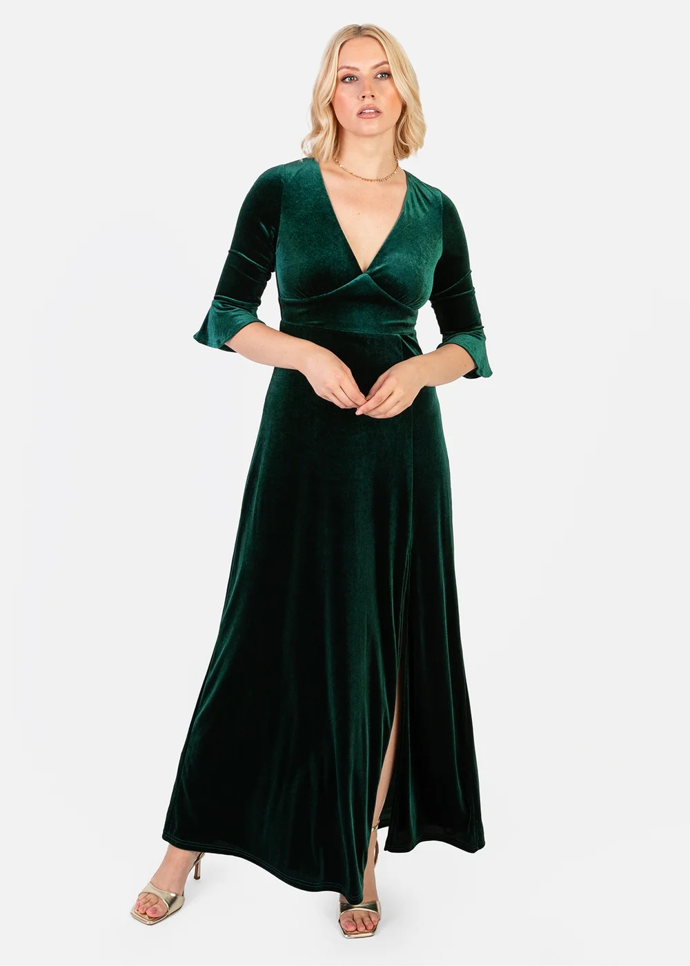 Maya Deluxe Emerald Green V Neck 3/4 Flute Sleeve Velvet Maxi Dress - 14 Image 1