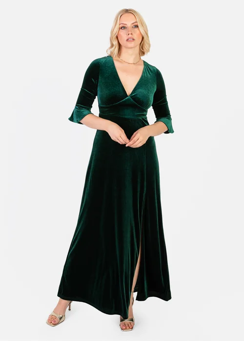 Maya Deluxe Emerald Green V Neck 3/4 Flute Sleeve Velvet Maxi Dress - 14 Image 1