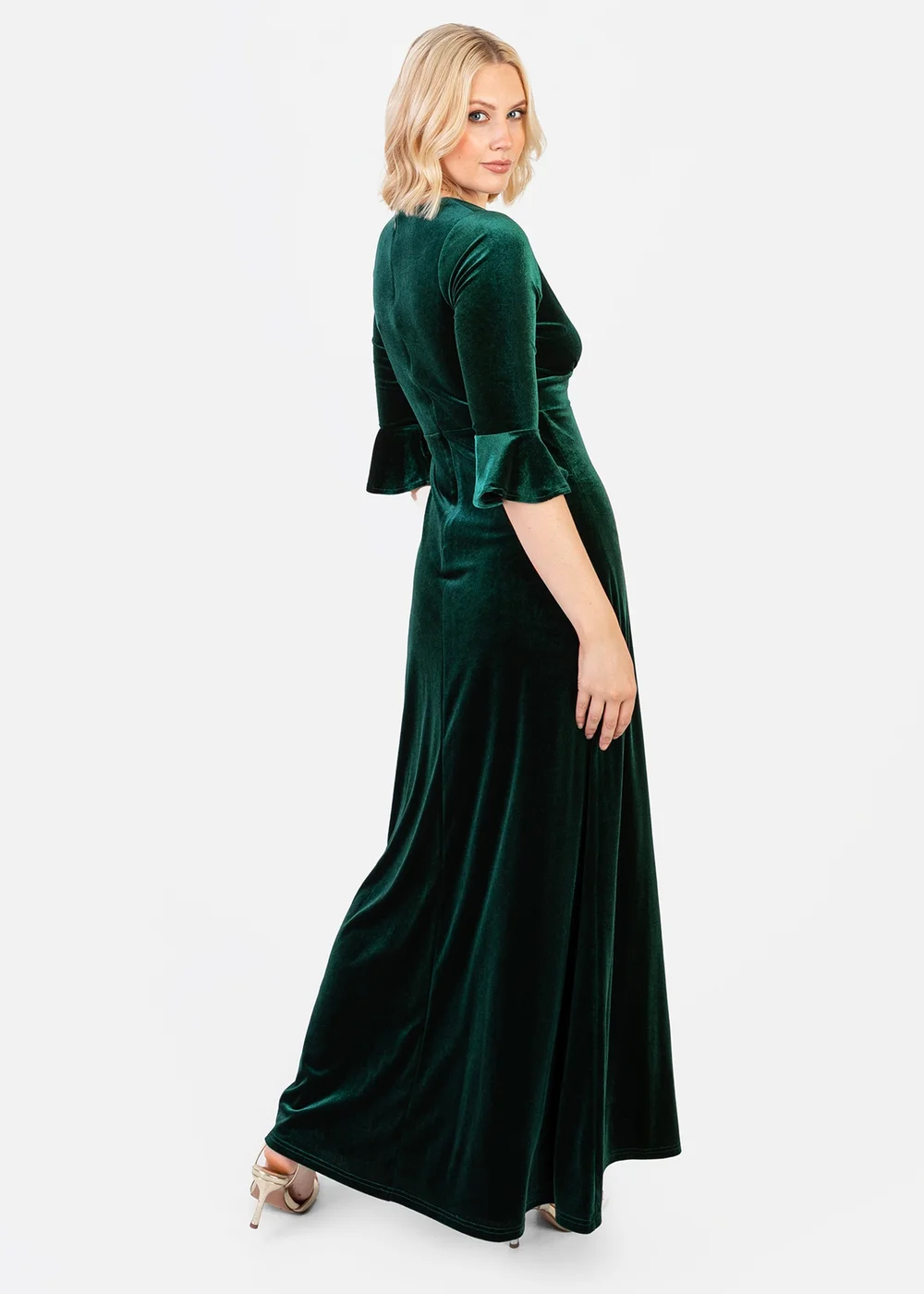 Maya Deluxe Emerald Green V Neck 3/4 Flute Sleeve Velvet Maxi Dress - 14 Image 2
