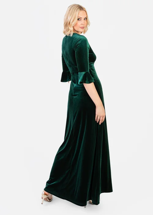 Maya Deluxe Emerald Green V Neck 3/4 Flute Sleeve Velvet Maxi Dress - 14 Image 2