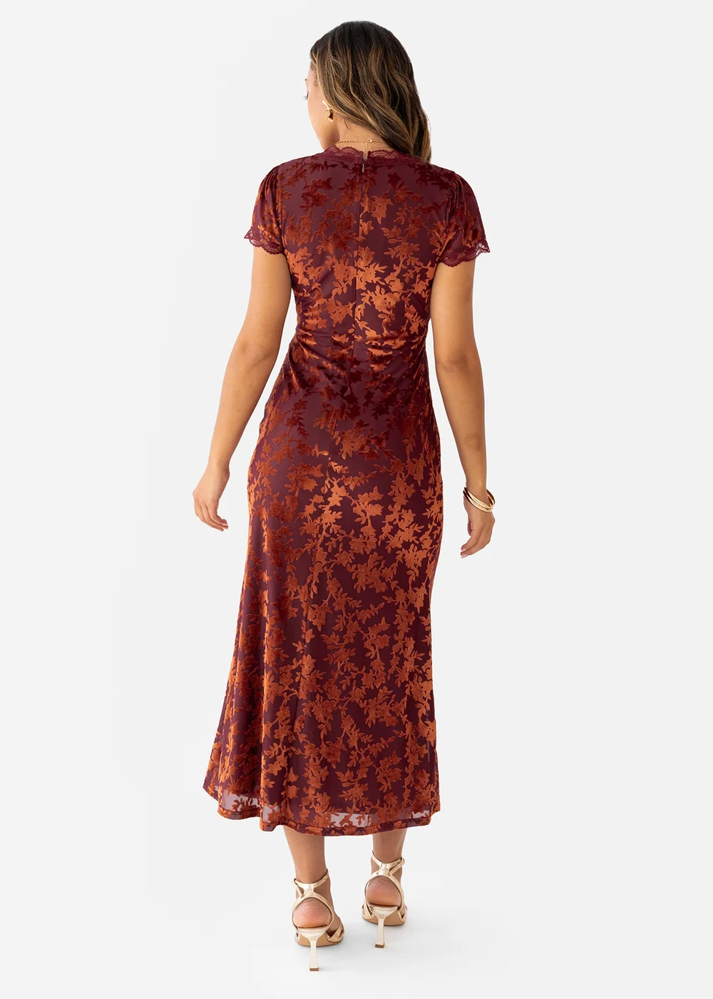 Maya Deluxe Copper Rose Floral Velvet Devore V Neck Midaxi Dress - 18 Image 2
