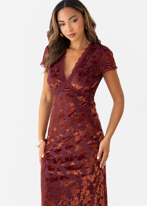 Maya Deluxe Copper Rose Floral Velvet Devore V Neck Midaxi Dress - 18 Image 3