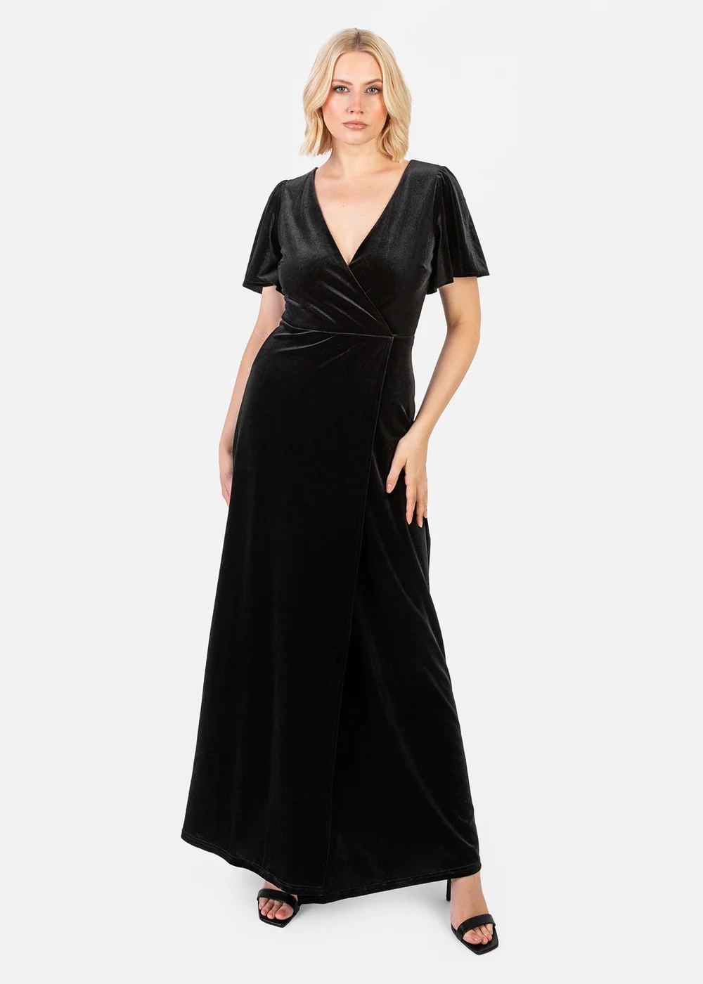 Maya Deluxe Black Faux Wrap Short Sleeve Velvet Maxi Dress - 24 Image 1