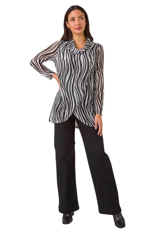 Roman Black Wavy Linear Print Cowl Neck Tunic - Size 20 Clothing Image 2