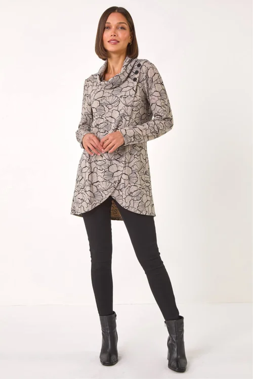 Roman Grey Floral Print Cowl Neck Top - Size 12 Image 2