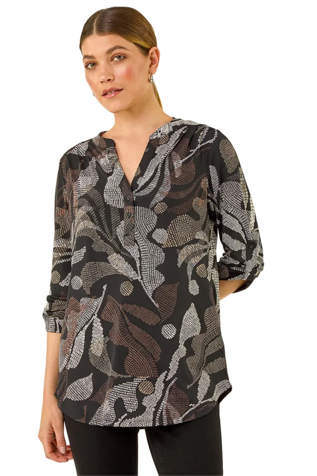 Roman Brown Abstract Puff Print Stretch Top