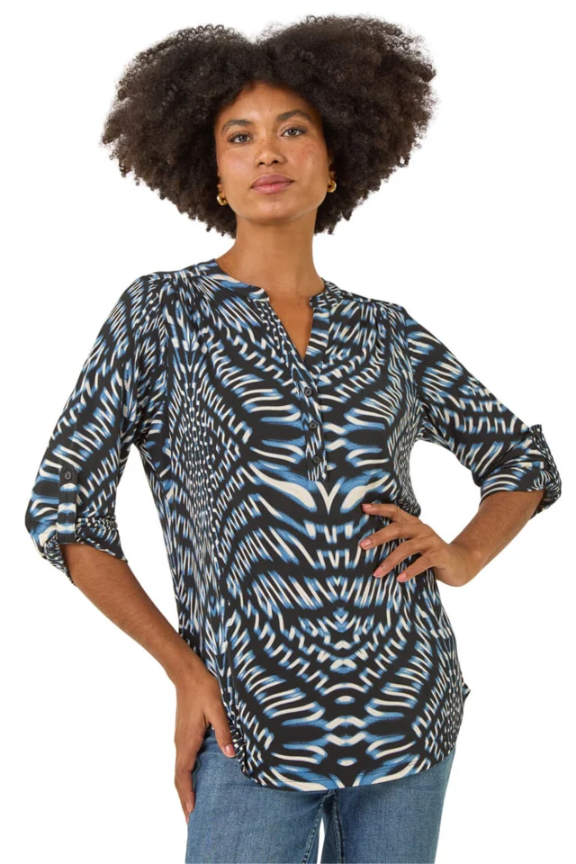 Roman Blue Abstract Puff Print Stretch Top