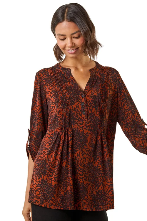 Roman Rust Abstract Print V-Neck Stretch Top - Size 14 Clothing Image 1