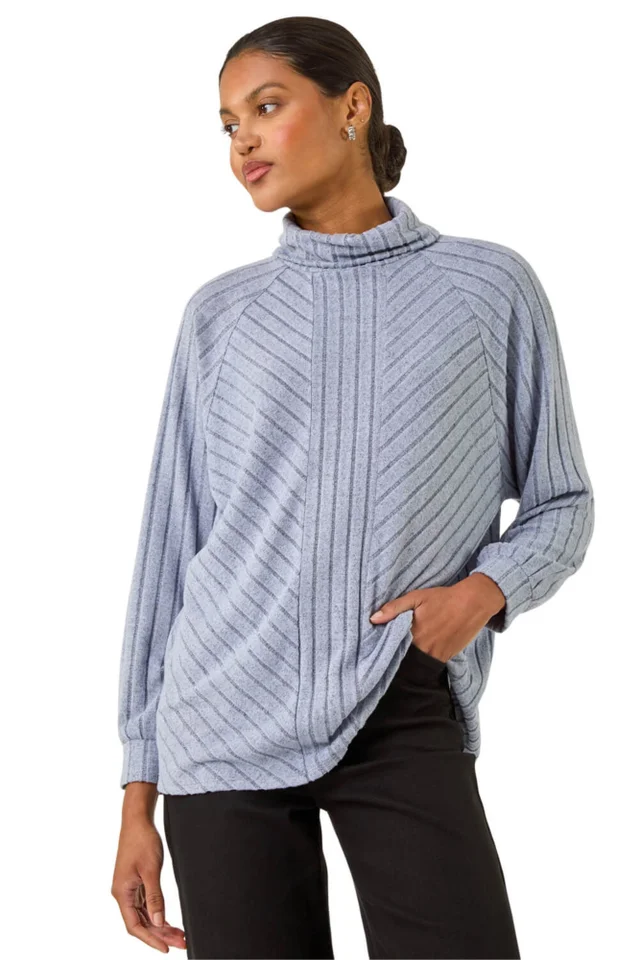 Roman Light Blue Textured Stripe Cowl Neck Top