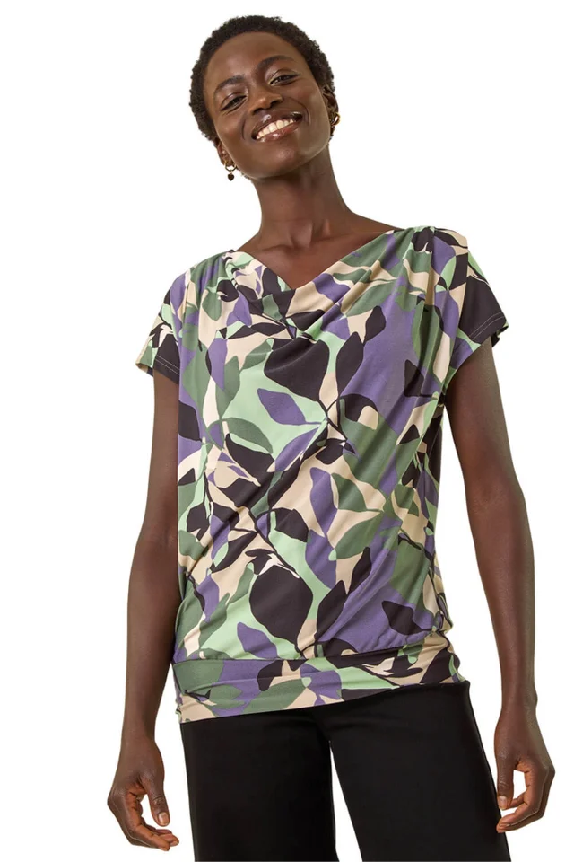 Roman Grey Geometric Leaf Print Cowl Neck Top