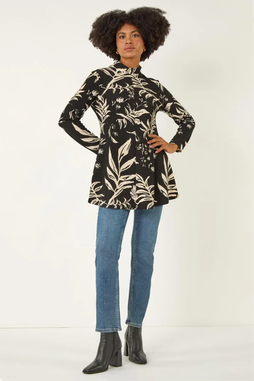 Roman Black Floral High Neck Swing Top - Size 20 Clothing Image 3