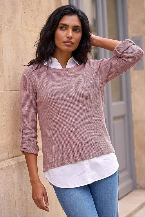 Roman Pink Mock Shirt Textured Knit Jumper - 12 Image 1