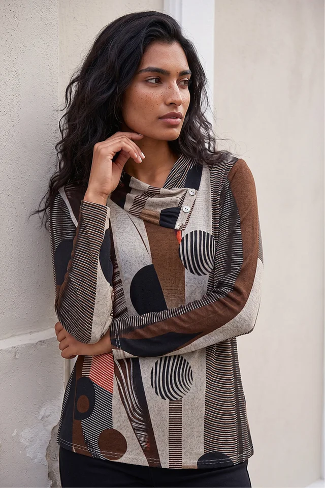 Roman Brown Abstract Print Snit Top