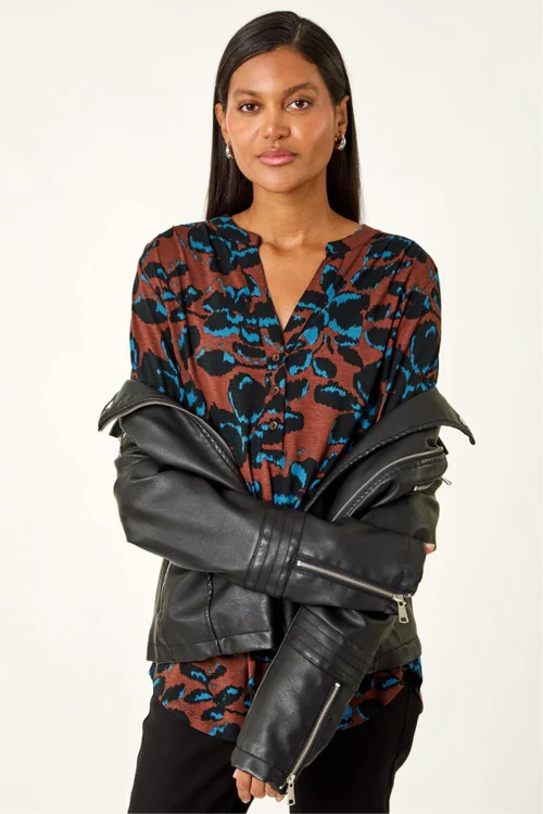 Roman Brown Floral Print V-Neck Stretch Top - Size 18 Clothing Image 2