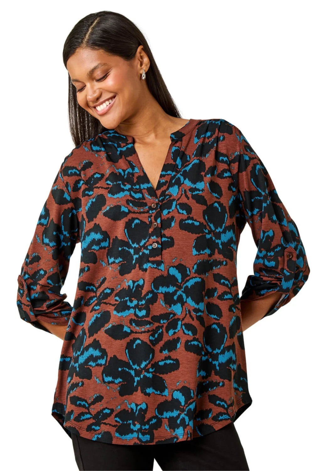 Roman Brown Floral Print V-Neck Stretch Top - Size 18 Clothing Image 1
