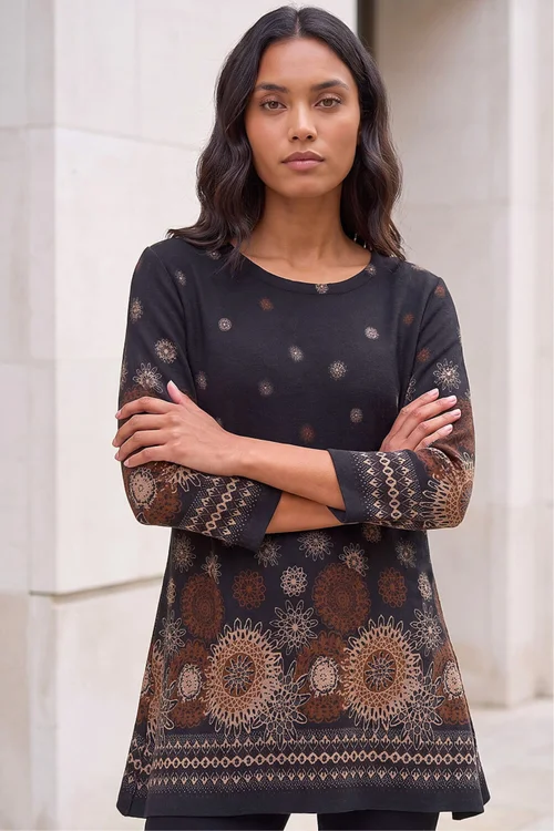 Roman Black Sunflower Printed Tunic Top - 20 Image 3