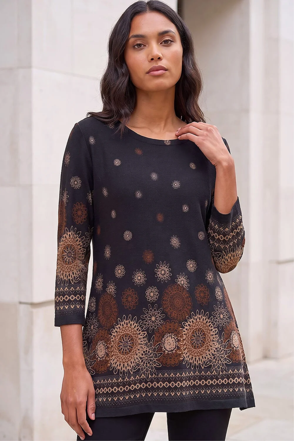 Roman Black Sunflower Printed Tunic Top - 20 Image 1