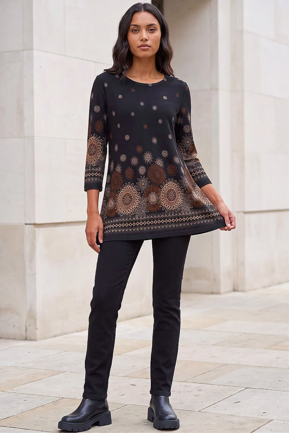 Roman Black Sunflower Printed Tunic Top - 20 Image 2