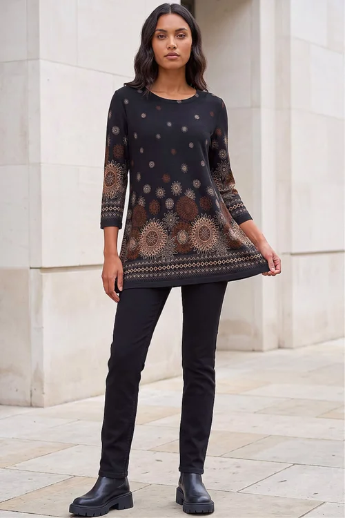 Roman Black Sunflower Printed Tunic Top - 20 Image 2