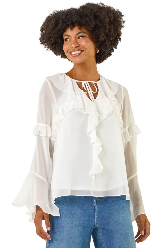 Roman Ivory Chiffon Tie Neck Ruffle Tunic Top