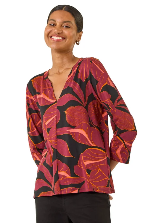 Roman Red Floral V-Neck Stretch Top - Size 20 Clothing Image 1