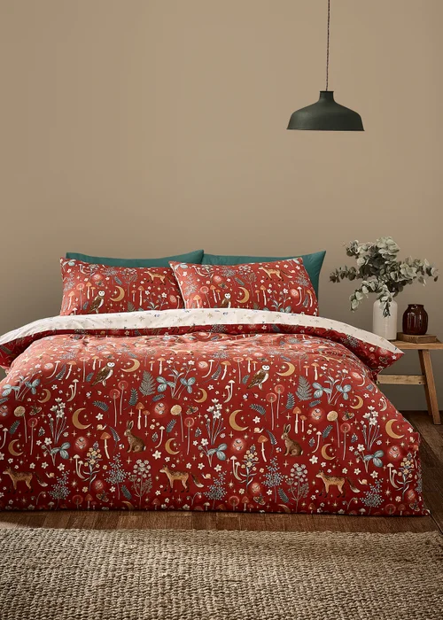 Catherine Lansfield Enchanted Twilight Animals Reversible Duvet Cover Set Burnt Orange - Single Image 1