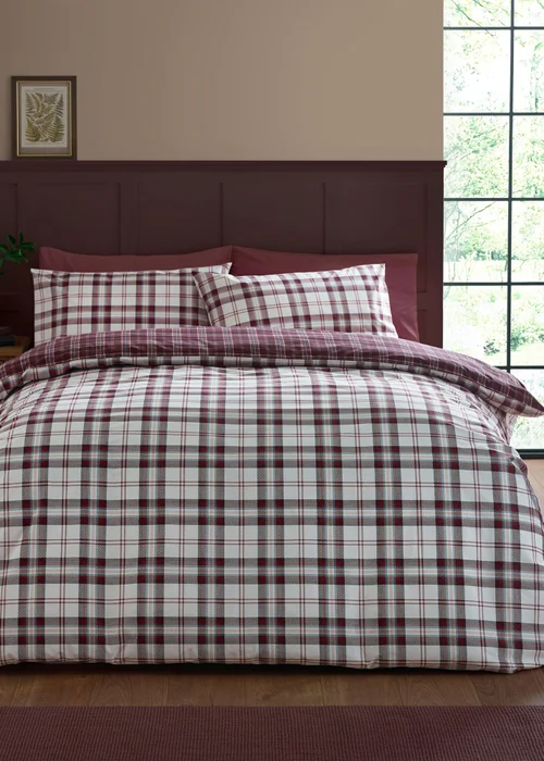 Catherine Lansfield Kelso Check Reversible Duvet Cover Set Plum - Single Image 1