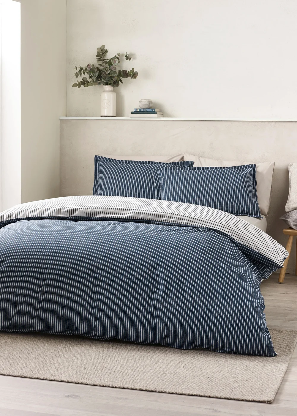 Catherine Lansfield Oxford Pinstripe Reversible Duvet Cover Set Navy - Single Image 2