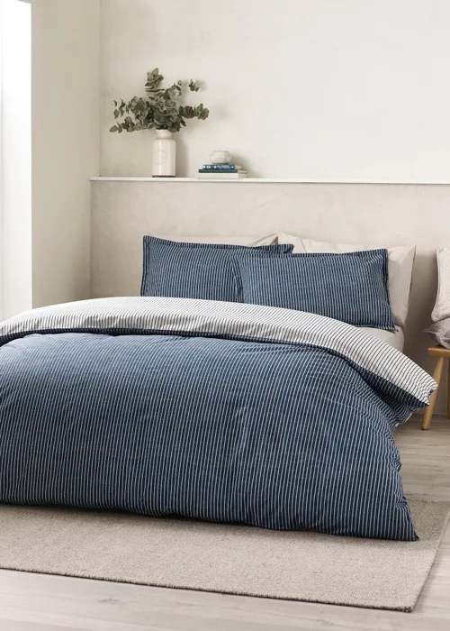 Catherine Lansfield Oxford Pinstripe Reversible Duvet Cover Set Navy - Single Image 2