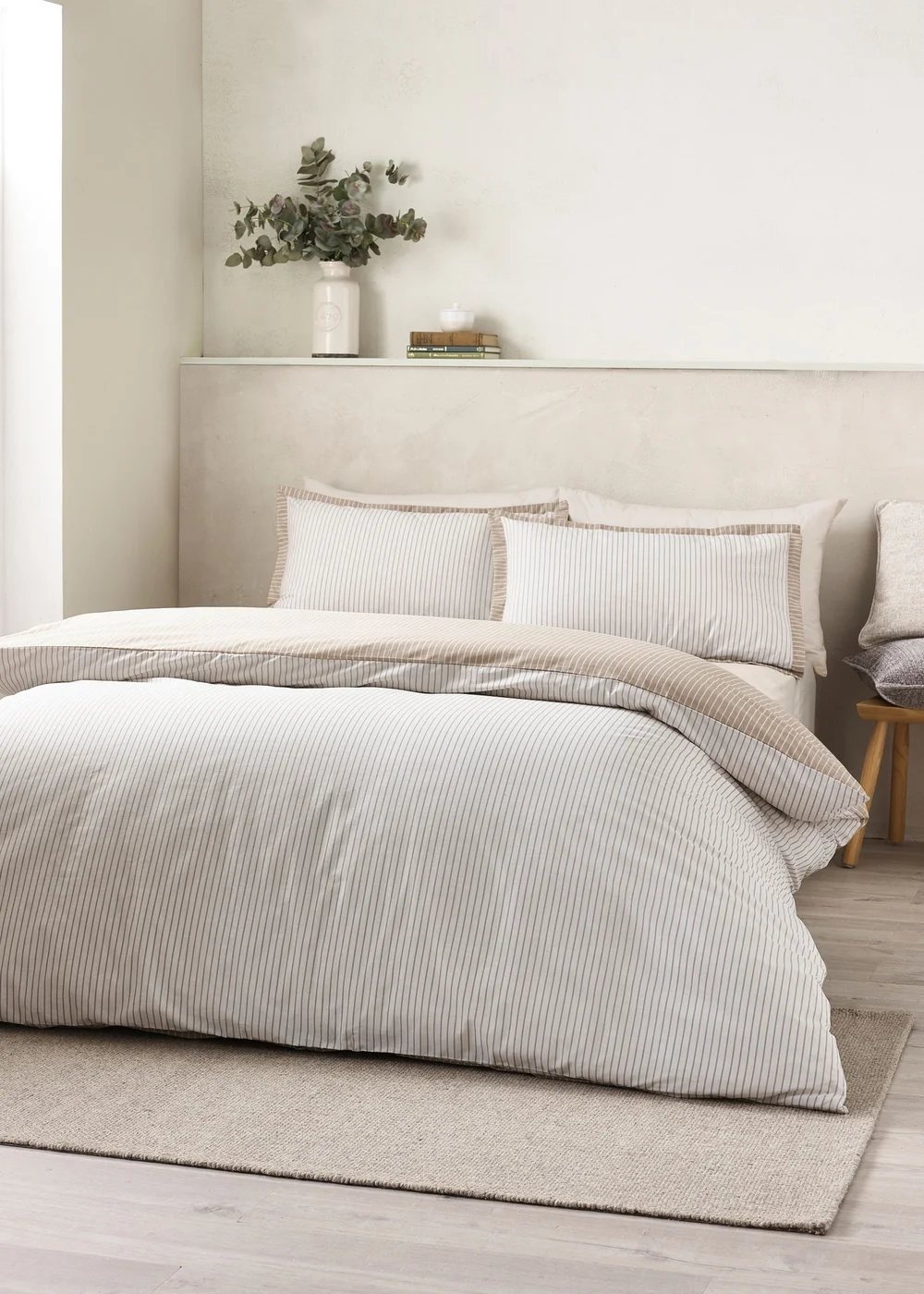 Catherine Lansfield Oxford Pinstripe Reversible Duvet Cover Set Natural - Single Image 1