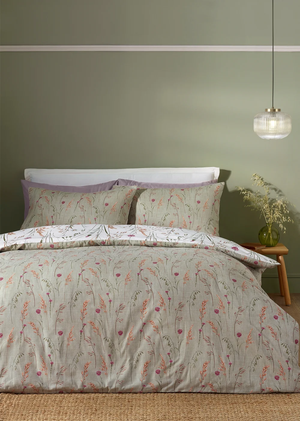Catherine Lansfield Brushed Grasmere Floral Cotton Reversible Duvet Cover Set Green - Single Image 2