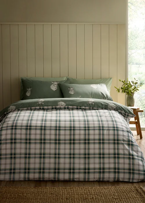 Catherine Lansfield Stag Check Reversible Duvet Cover Set Soft Green - Single Image 2