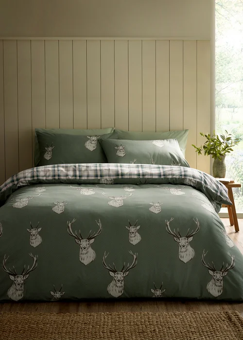Catherine Lansfield Stag Check Reversible Duvet Cover Set Soft Green - Single Image 1