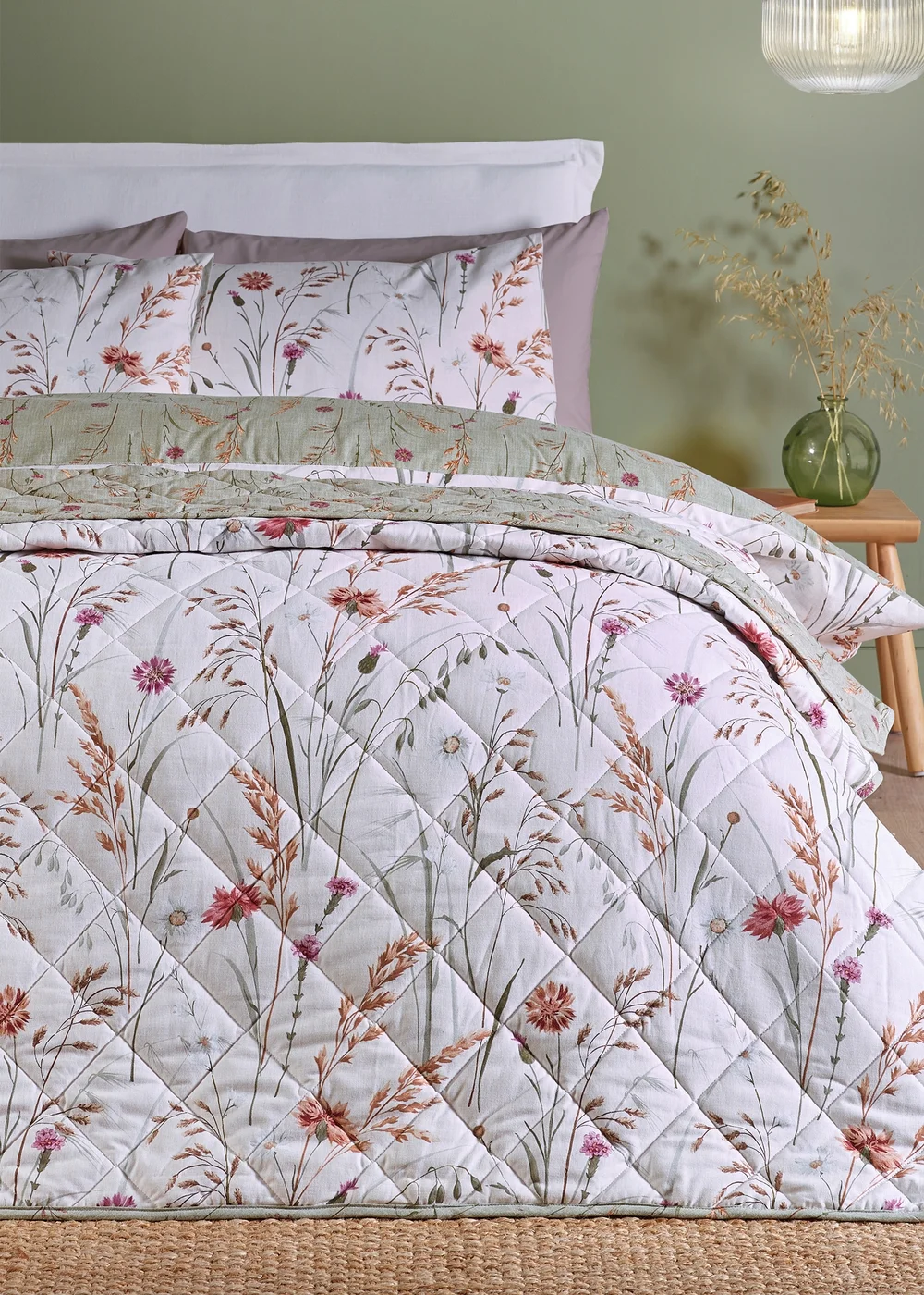 Catherine Lansfield Brushed Grasmere Floral Cotton Reversible Quilted Bedspread Green - One Size Image 1