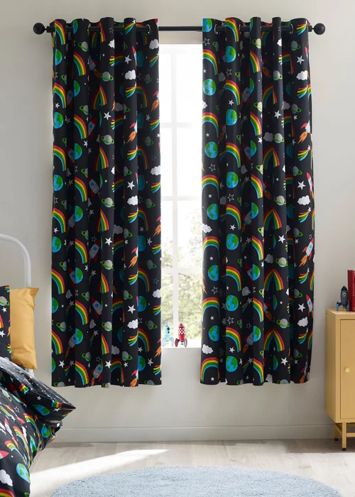 Catherine Lansfield Rainbow Rockets Fully Reversible Eyelet Curtains Black - 66W X 72D (168x183cm) Image 2