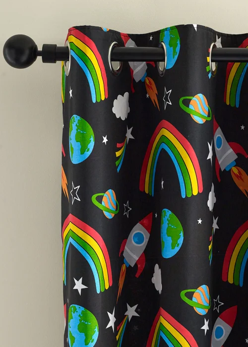 Catherine Lansfield Rainbow Rockets Fully Reversible Eyelet Curtains Black - 66W X 72D (168x183cm) Image 1