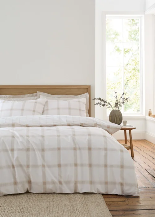 Bianca Fine Linens Natural Oxton Check Cotton Reversible Duvet Cover Set - Single Image 1