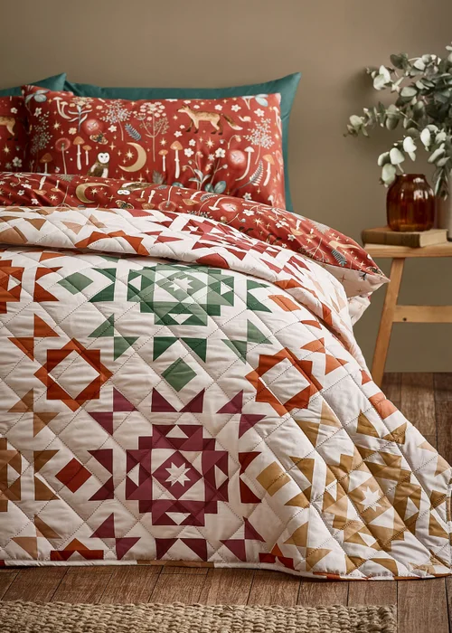 Catherine Lansfield Autumn Patchwork Geo Quilted Bedspread Natural - One Size Image 1