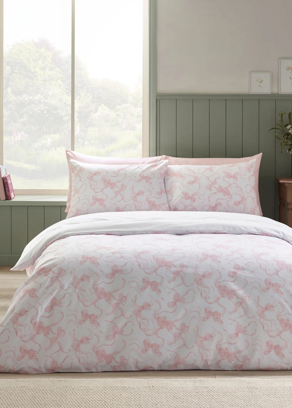 Catherine Lansfield Bow Embroidery Duvet Cover Set White/Pink - Double Image 2