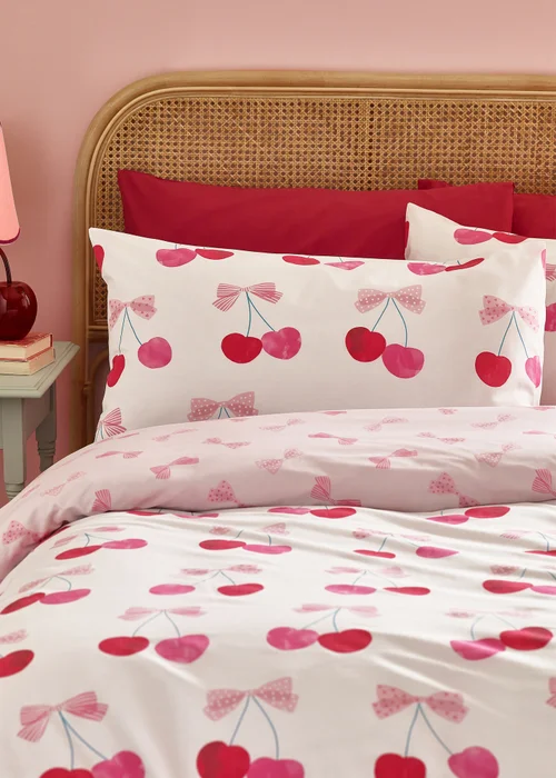 Catherine Lansfield Cherries and Bows Reversible Duvet Cover Set Pink - Single Image 3