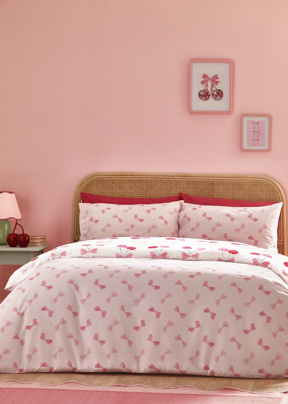 Catherine Lansfield Cherries and Bows Reversible Duvet Cover Set Pink - Single Image 2