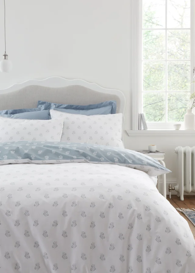 Bianca Fine Linens Esme Floral Cotton Reversible Duvet Cover Set White Blue