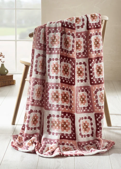 Catherine Lansfield Crochet Print Blanket Throw Pink - One Size Image 1