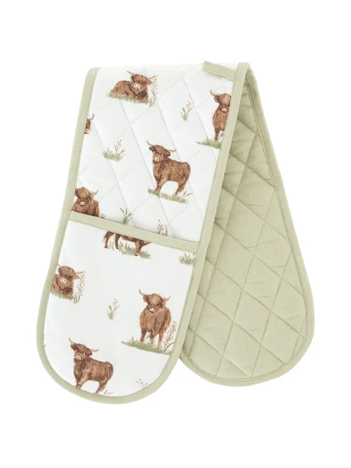 Catherine Lansfield Angus Highland Cow Cotton Kitchen Double Oven Glove Natural - One Size Image 3