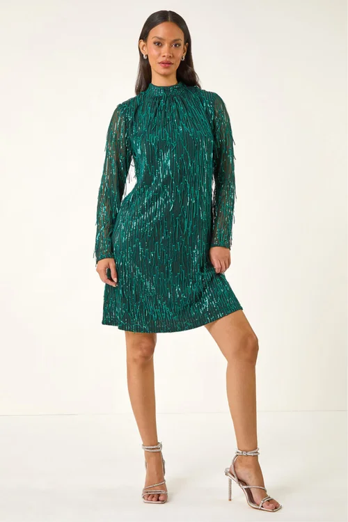 Dusk Green All Over Fringe Shift Dress - 16 Image 3