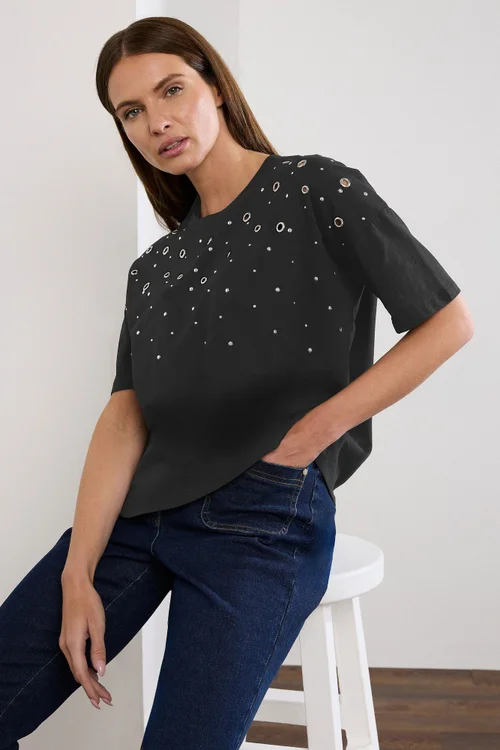 Star By Julien Macdonald Black Eyelet Detail Short Sleeve T-Shirt - Size 12 Image 1