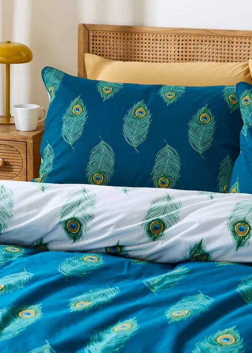 Their Nibs Peacock Feather Cotton Reversible Duvet Cover Set Teal Green - Single Image 3