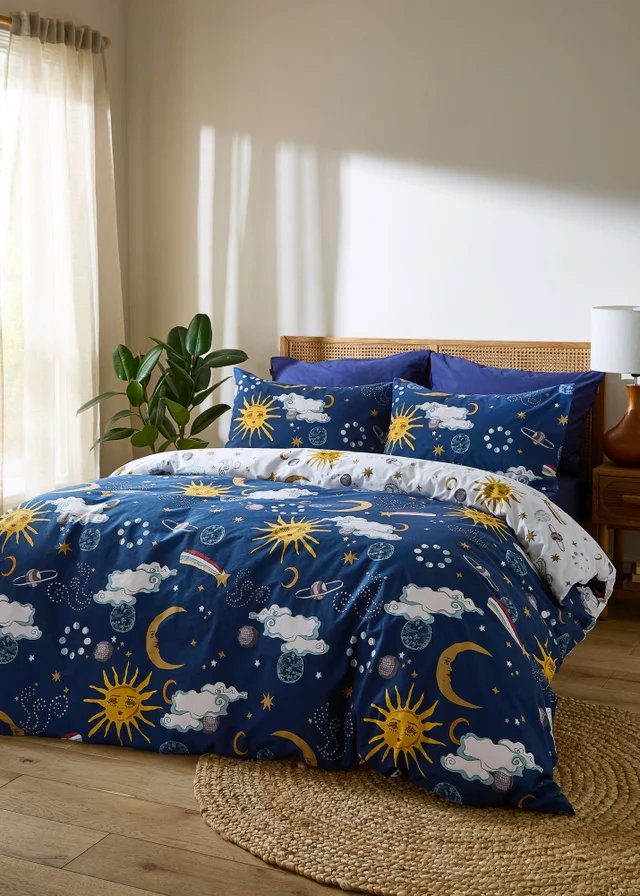 Their Nibs Disco Space Cotton Reversible Duvet Cover Set Navy Blue