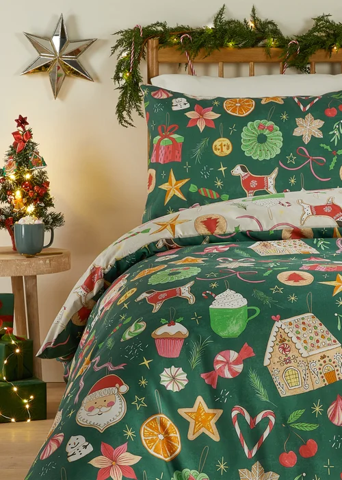 Duvet Day Festive Treats Printed Soft Touch Emerald Duvet Set - Double Image 3